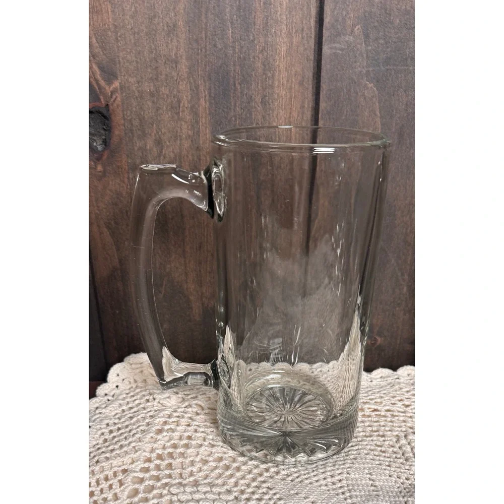 Vintage Heavy Glass Set of 3 Beer Mugs‎ Drinking Glasses with Starburst Base